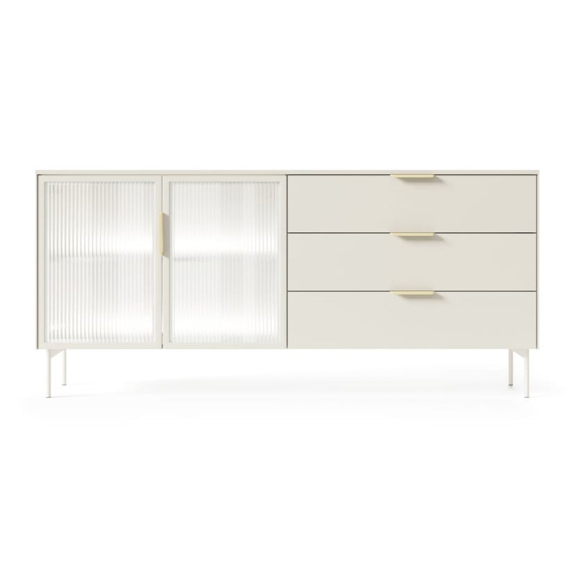 White dresser with sliding doors and drawers on a white background