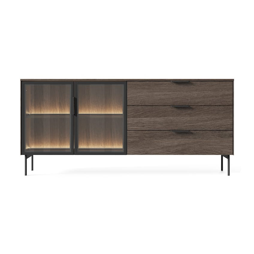 Wooden cabinet with glass doors on a white background