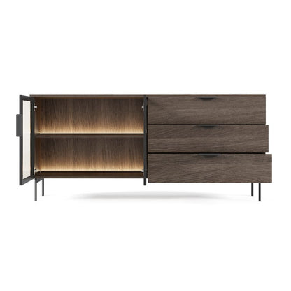 Wooden sideboard with open cabinet and drawers on a white background