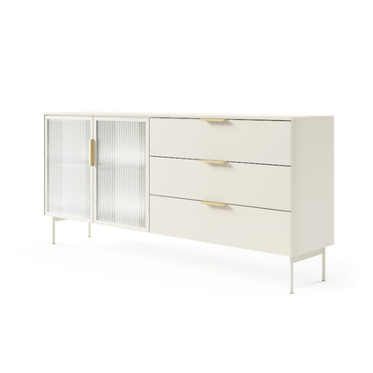White dresser with gold handles on a white background