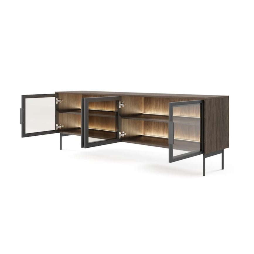 Modern wooden cabinet with glass doors on a white background