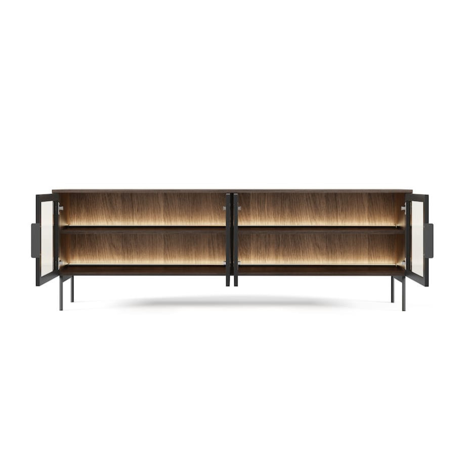 Modern wooden cabinet with glass doors on a white background