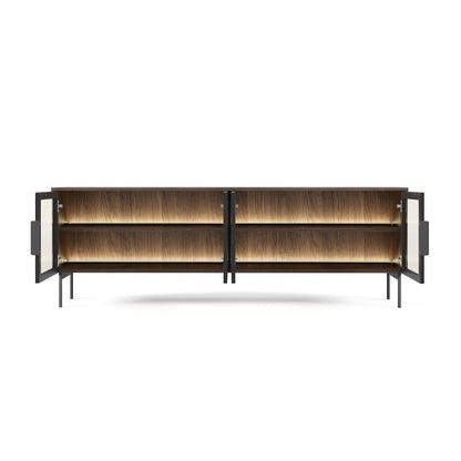 Modern wooden cabinet with glass doors on a white background