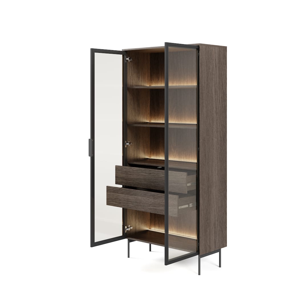 Tall wooden cabinet with glass doors on a white background