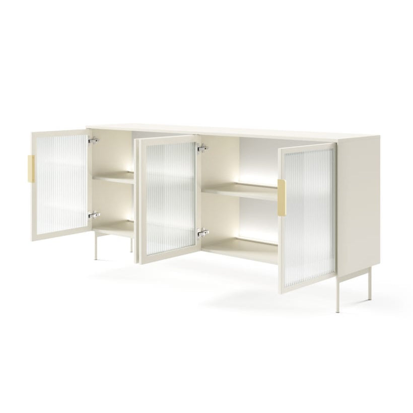 Modern corner cabinet with glass doors on a white background