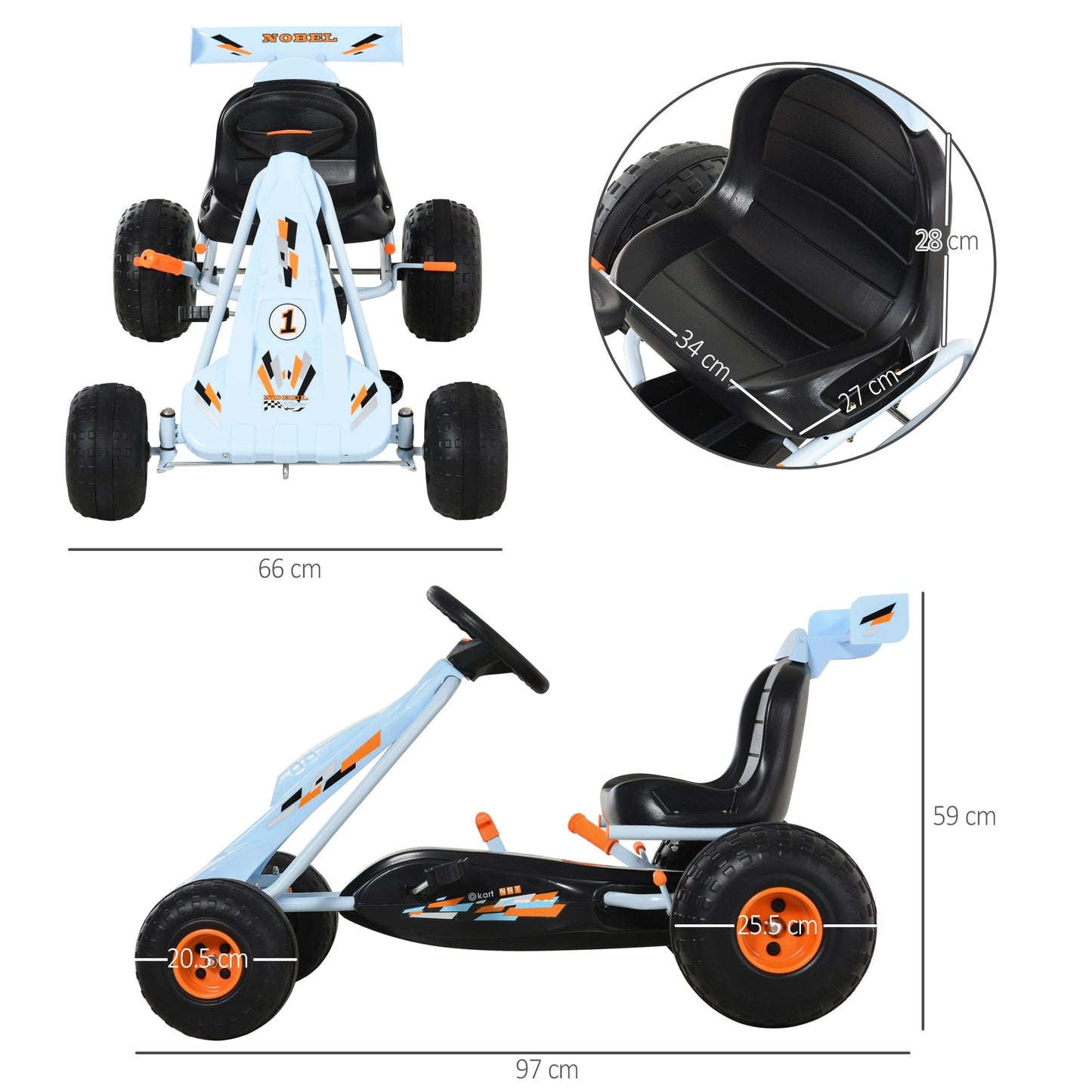 HOMCOM Kids Children Pedal Go Kart Manual Ride On Car w/ Brake Gears Steering Wheel Adjustable Seat Outdoor Fun Vehicle 97 x 66 x 59 cm