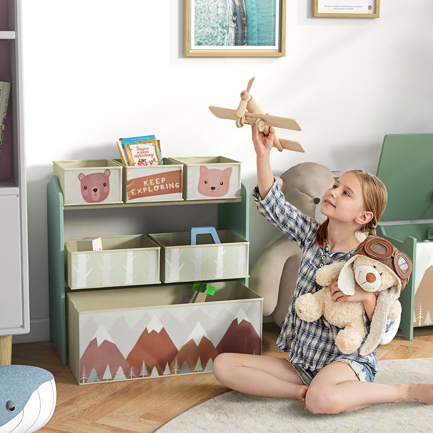 ZONEKIZ Kids Storage Units with 6 Fabric Bins, Childrens Toy Storage Organiser for Bedroom, Nursery, 63 x 30 x 66cm, Green