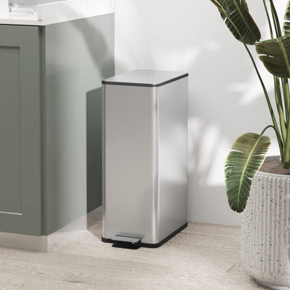 HOMCOM 20L Kitchen Pedal Bin, Slim Stainless Steel Rubbish Bin, Removable Inner Bucket, Soft-Close and Stay-Open Lid, Silver Tone