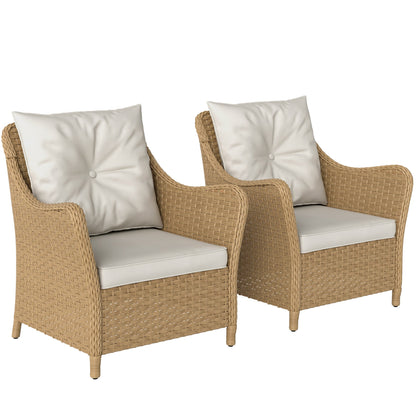 Outsunny Rattan Garden Chairs Set of 2, Outdoor Rattan Chairs with Cushions, Armrests and High Back, PE Wicker Garden Armchair with Steel Frame for Balcony, Porch, Beige
