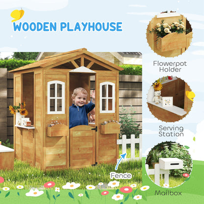 Outsunny Wooden Playhouse for Kids with Door, Windows, Mailbox, Flower Pot Holder, Serving Station, Bench for Children, Yellow