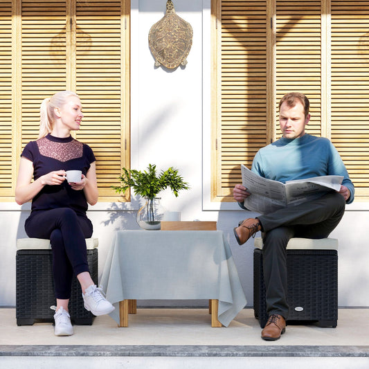 Outsunny Set of 2 Rattan Storage Ottoman, Outdoor Footstool with Removable Cushions, Garden Storage Seat for Balcony, Porch, Living Room, Cream