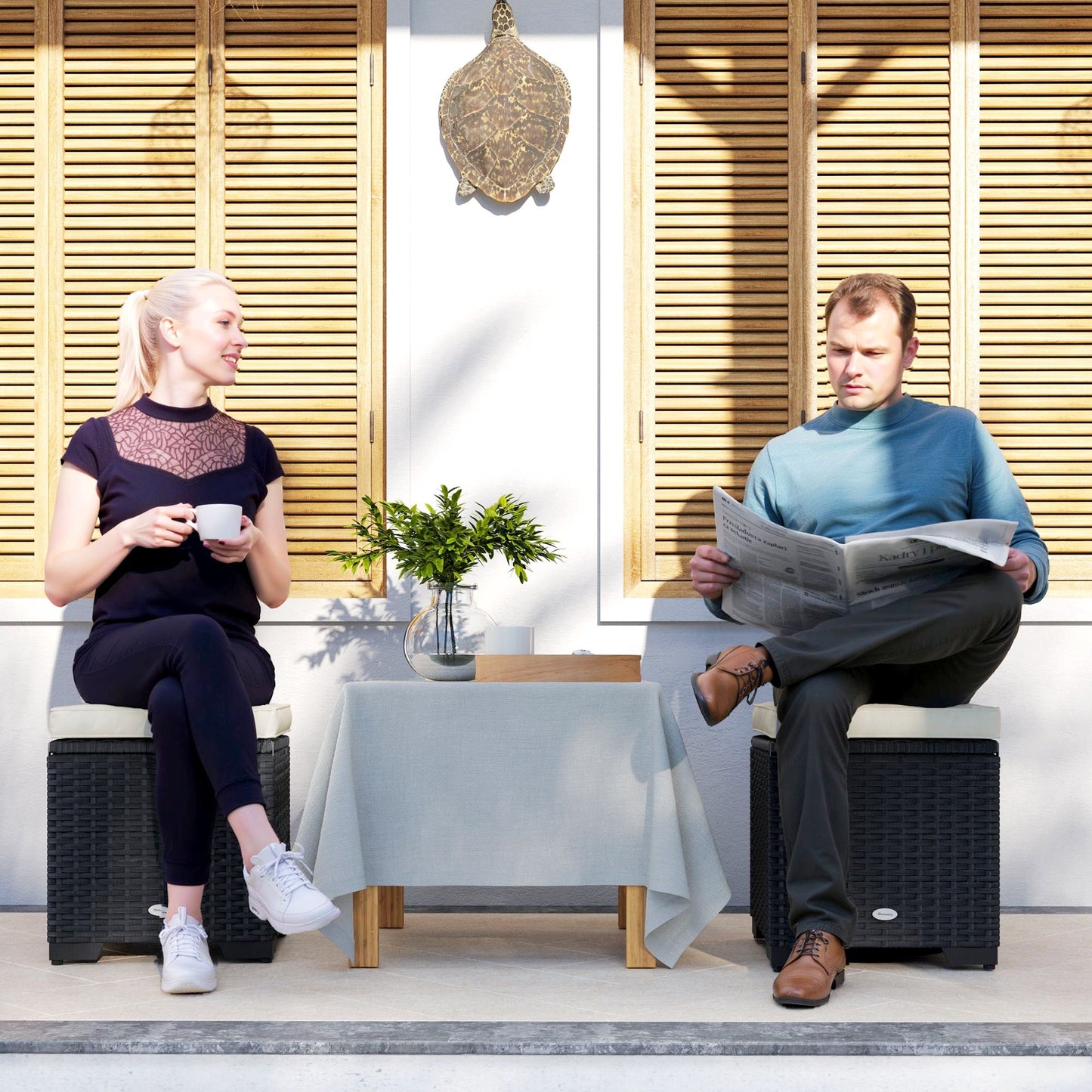 Outsunny Set of 2 Rattan Storage Ottoman, Outdoor Footstool with Removable Cushions, Garden Storage Seat for Balcony, Porch, Living Room, Cream