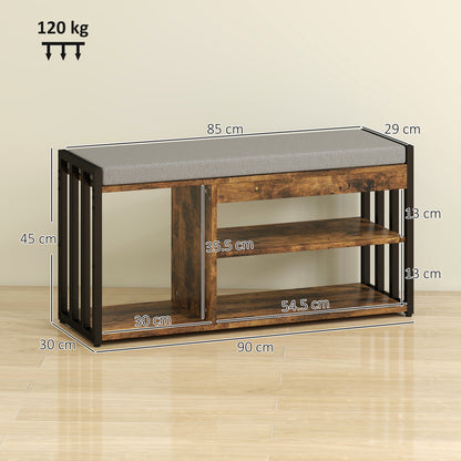 HOMCOM Shoe Storage with Seat, Upholstered Entryway Bench, Shoe Bench with 3 Open Shelves for Hallway, Rustic Brown
