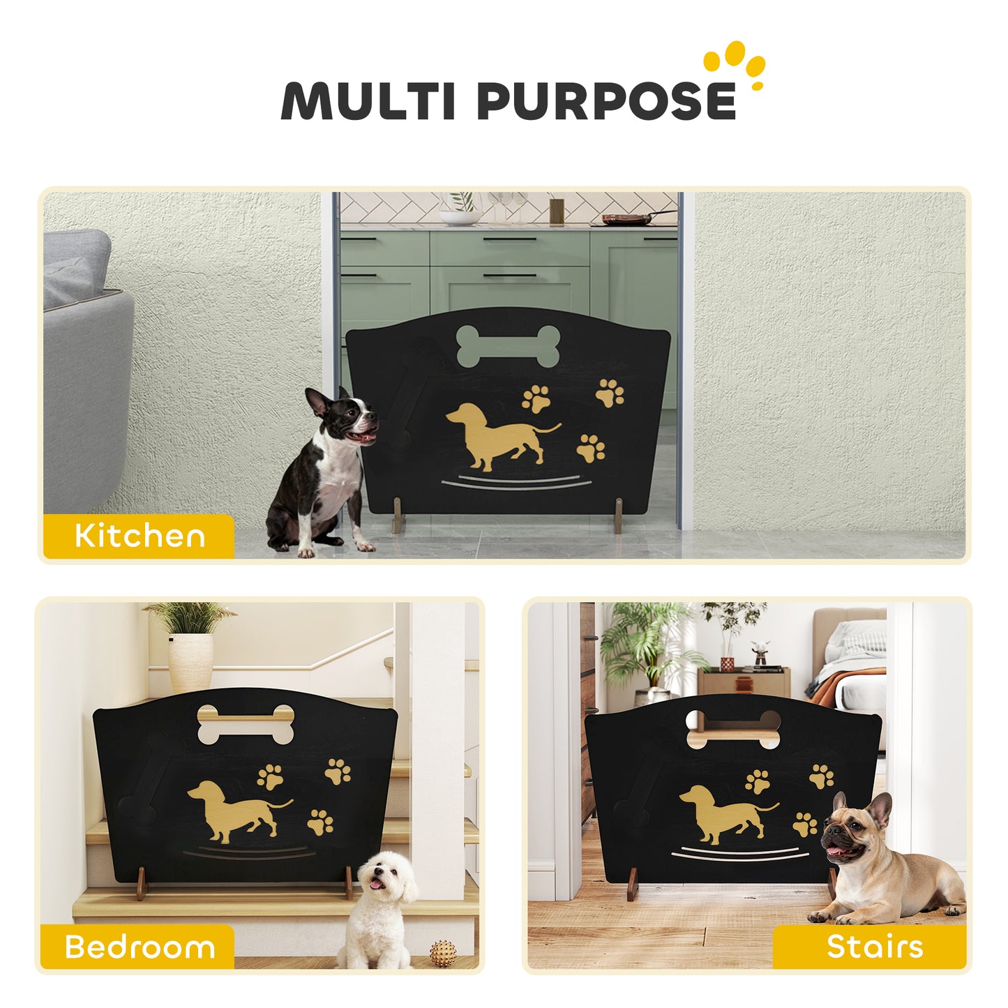 PawHut Wooden Dog Stopper, Dog Barrier with Support Feet, for Stair, Patio, Very Easy Setup, Black, 75 x 51 cm