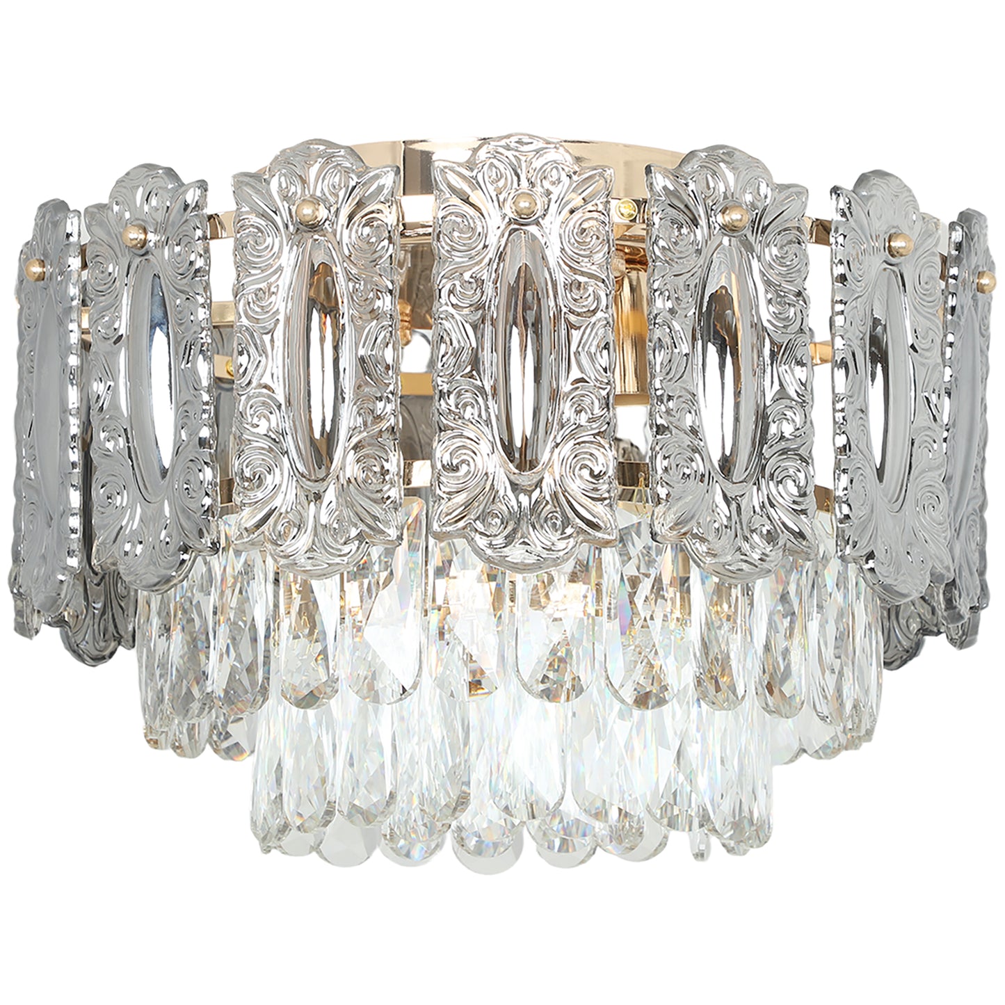 HOMCOM Chandelier Ceiling Light, 3-Light Vintage Flush Mount Fixture with Dual Crystal and Smoke Glass Shade, LED Ceiling Light for Living Room Bedroom, 3 E27 Sockets, Bulbs Not Included, Gold Tone