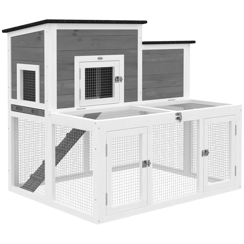 PawHut Wooden Rabbit Hutch, Indoor Outdoor Bunny Cage with Waterproof & Openable Roof, Pull Out Tray and Ramp, Guinea Pig Hutch