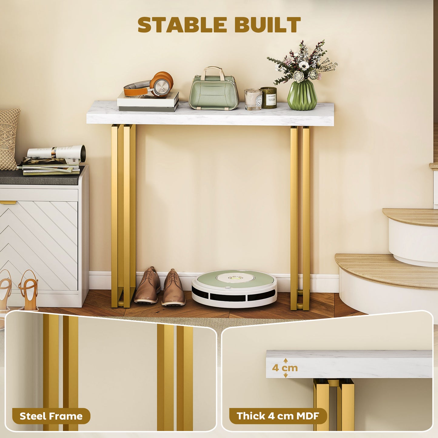 HOMCOM 100 cm Console Table with Faux Marble Top, Narrow Entryway Table with Anti-tipping Device, White