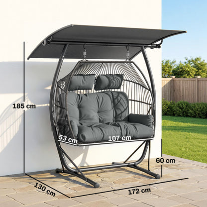 Outsunny Double Hanging Egg Chair with Canopy, Rattan Garden Egg Swing Chair with Cushion, Stand for Indoor Outdoor, Dark Grey