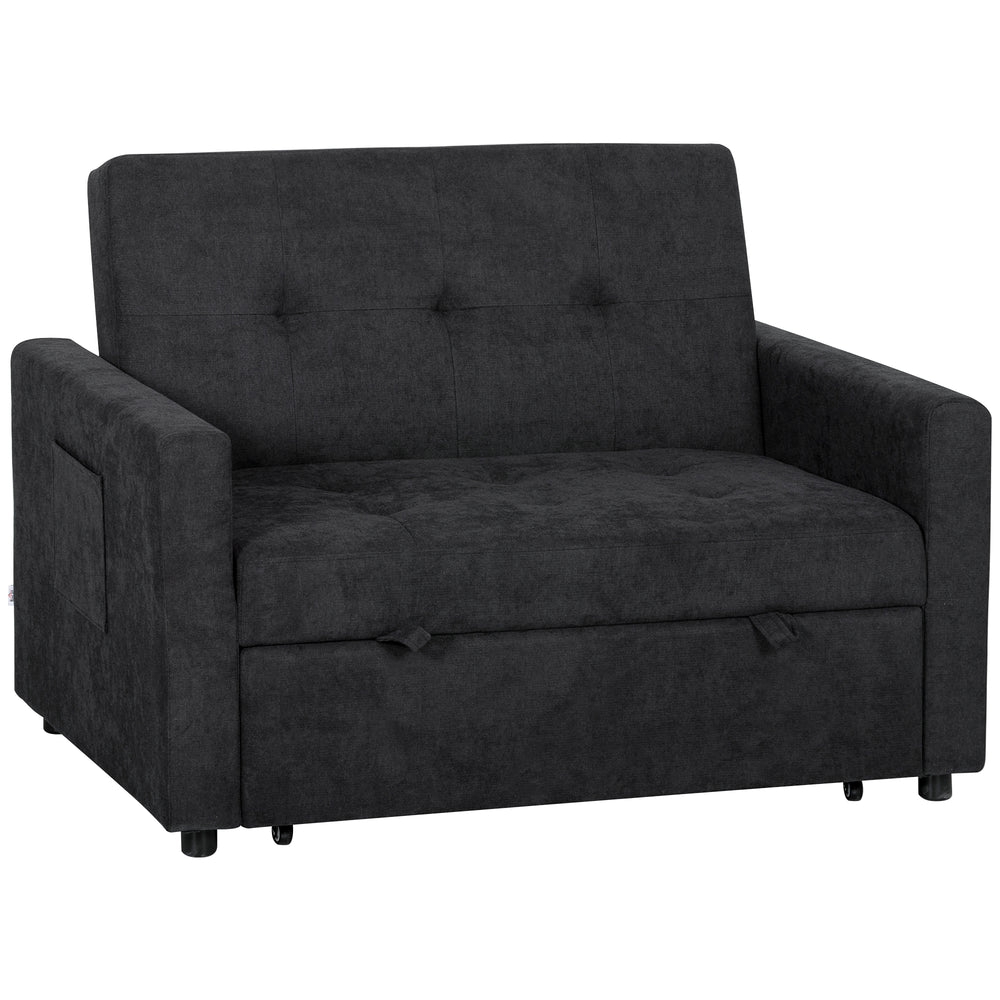 HOMCOM Loveseat Sofa Bed, Convertible Bed Settee with 2 Pillows, Side Pockets, Black