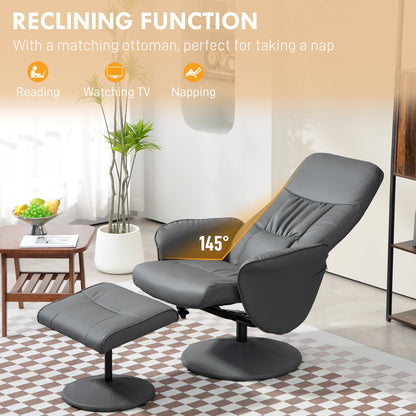 HOMCOM Swivel Recliner Chair with Footstool, PU Leather Armchair and Ottoman with High Back and Round Base for Living Room, Grey