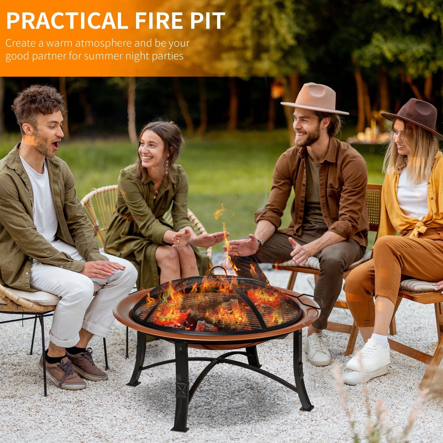 Outsunny 76cm Metal Large Firepit Bowl Outdoor Round Fire Pit w/ Lid, Log Grate, Poker for Backyard, Camping, Picnic, Bonfire, Wood Burning Stove, Bronze