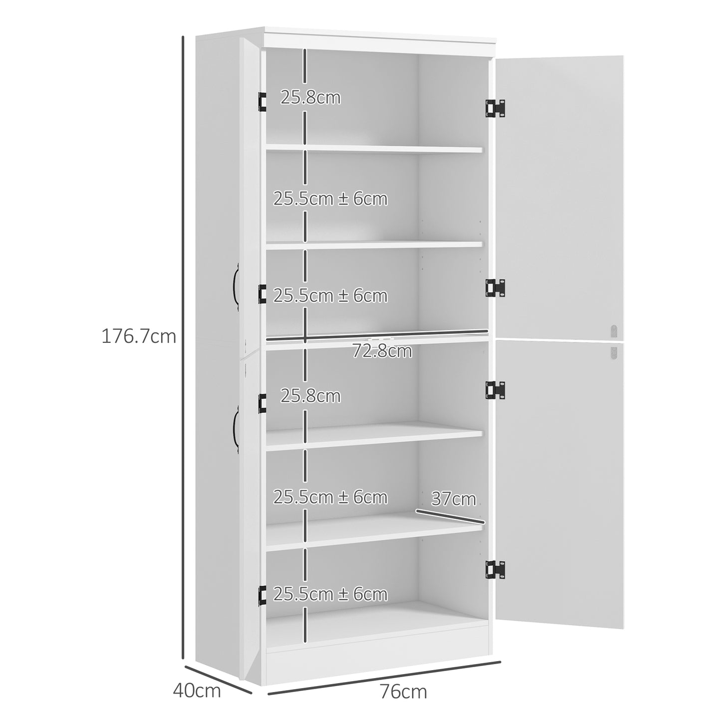 HOMCOM 4-Door Tall Kitchen Cupboard, Freestanding 6-Tier Storage Cabinet with 2 Adjustable Shelves for Living Room, Dining Room, White