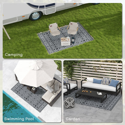 Outsunny 182 x 274cm Reversible Patterned Outdoor Rug, with Bag - Black/Grey