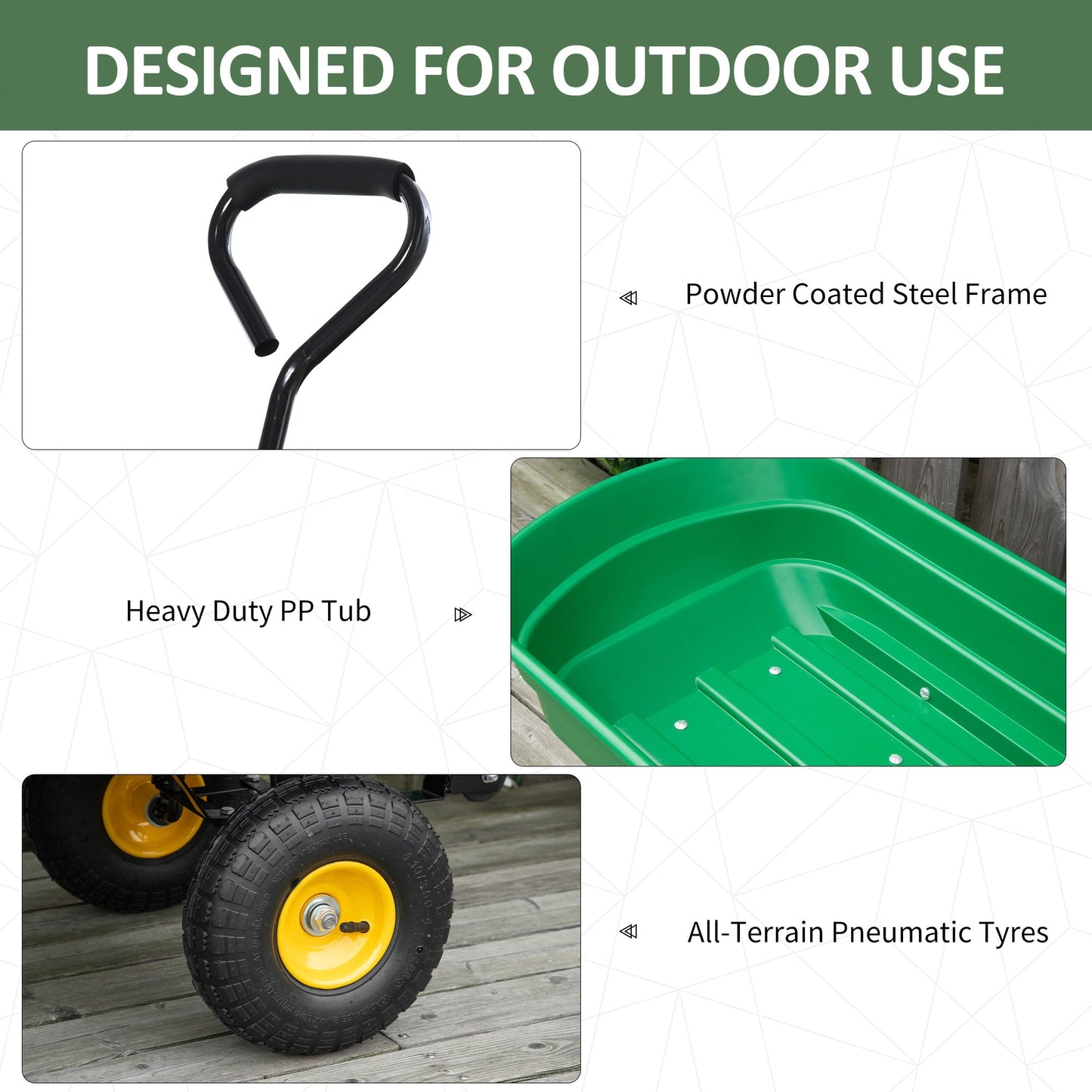 Outsunny 75 Litre Large Garden Cart, Tipping Wheelbarrows Heavy Duty Garden Dump Trolley 200kg Capacity for Festivals, Tools, Plants, Logs - Green