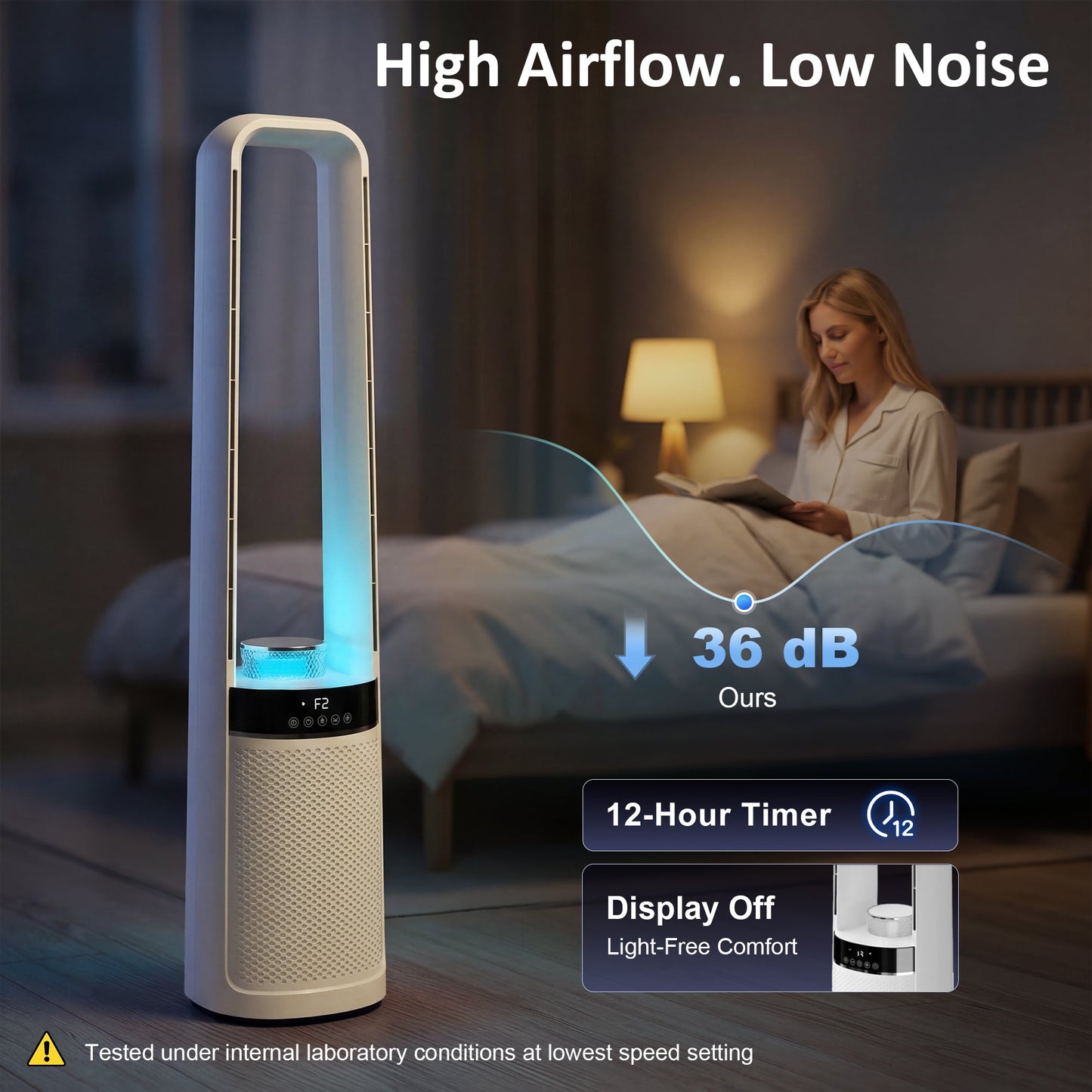 HOMCOM Bladeless Tower Fan, 36dB Standing Cooling Fan with 45 degrees Oscillating, LED Lights, 3 Speeds, 12H Timer, Remote Control