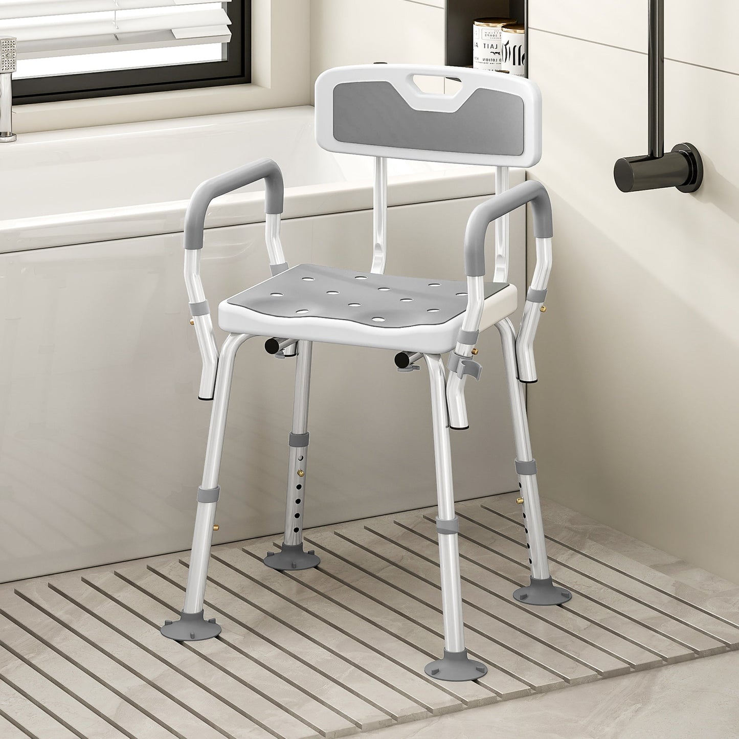 HOMCOM EVA Padded Shower Chair for the Elderly and Disabled, Height Adjustable Shower Stool with Back and Arms, 4 Suction Foot Pads, Light Grey