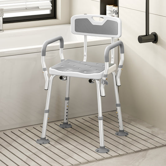 HOMCOM EVA Padded Shower Chair for the Elderly and Disabled, Height Adjustable Shower Stool with Back and Arms, 4 Suction Foot Pads, Light Grey