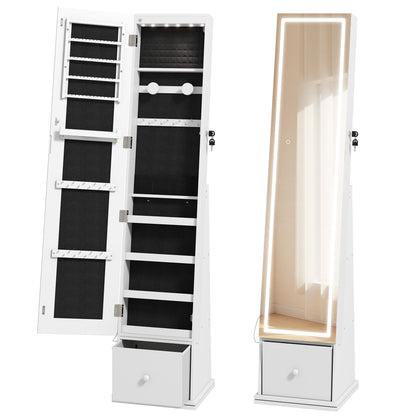 HOMCOM Swivel Jewelry Cabinet with LED Lights, Lockable Standing Full Length Mirror with Storage, 3-Colour Dimmable, White