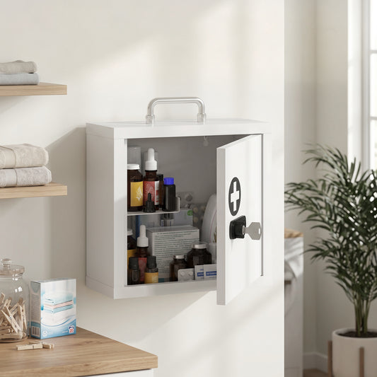 HOMCOM Wall Mount Medicine Cabinet with Combination and Key Lock, 2 Tier Stainless Steel First Aid Cabinet, White