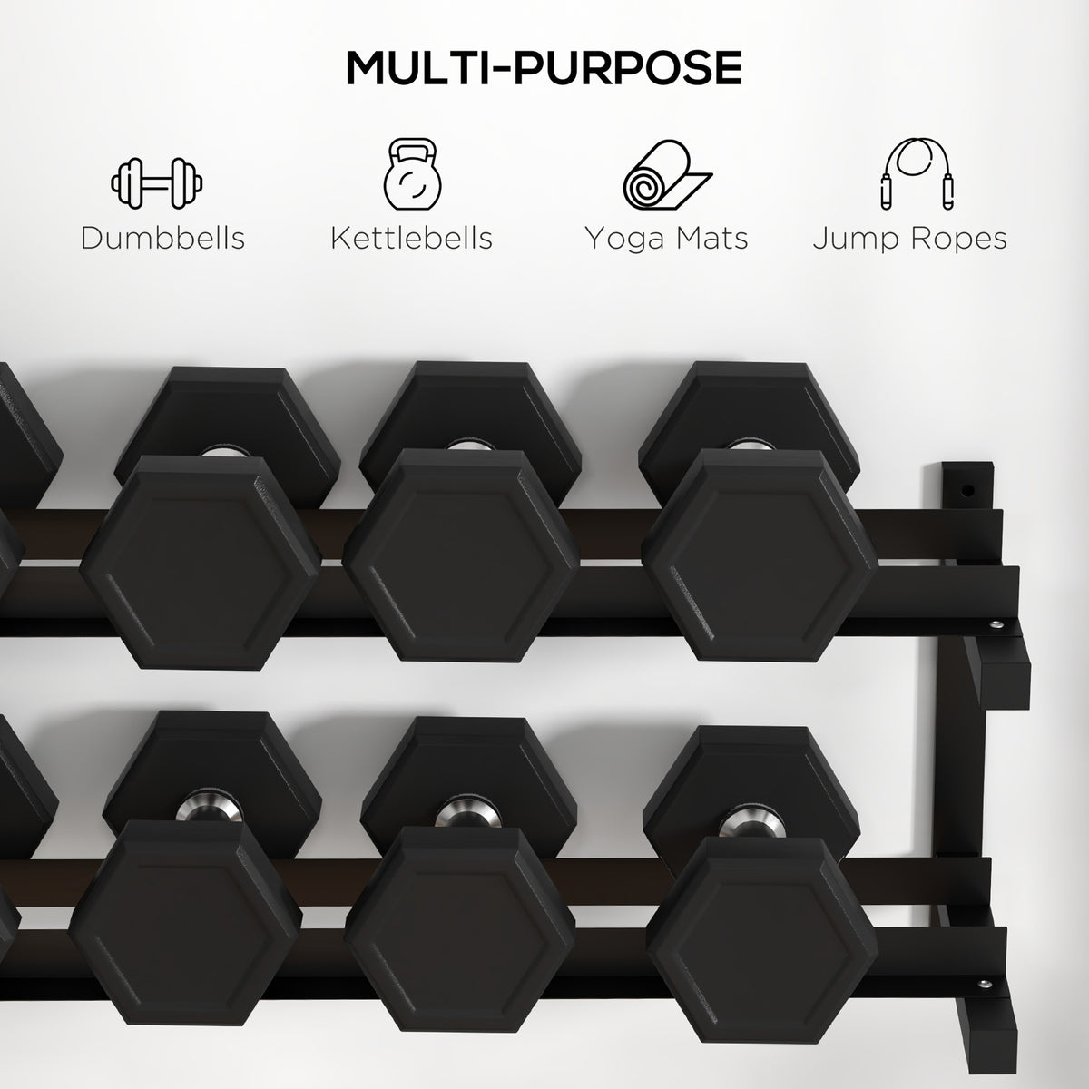 SPORTNOW Wall-Mounted Dumbbell Rack, 2-Tier Weight Stand, Space-Saving and Multi-Functional Steel organiser for Home Gym, Black