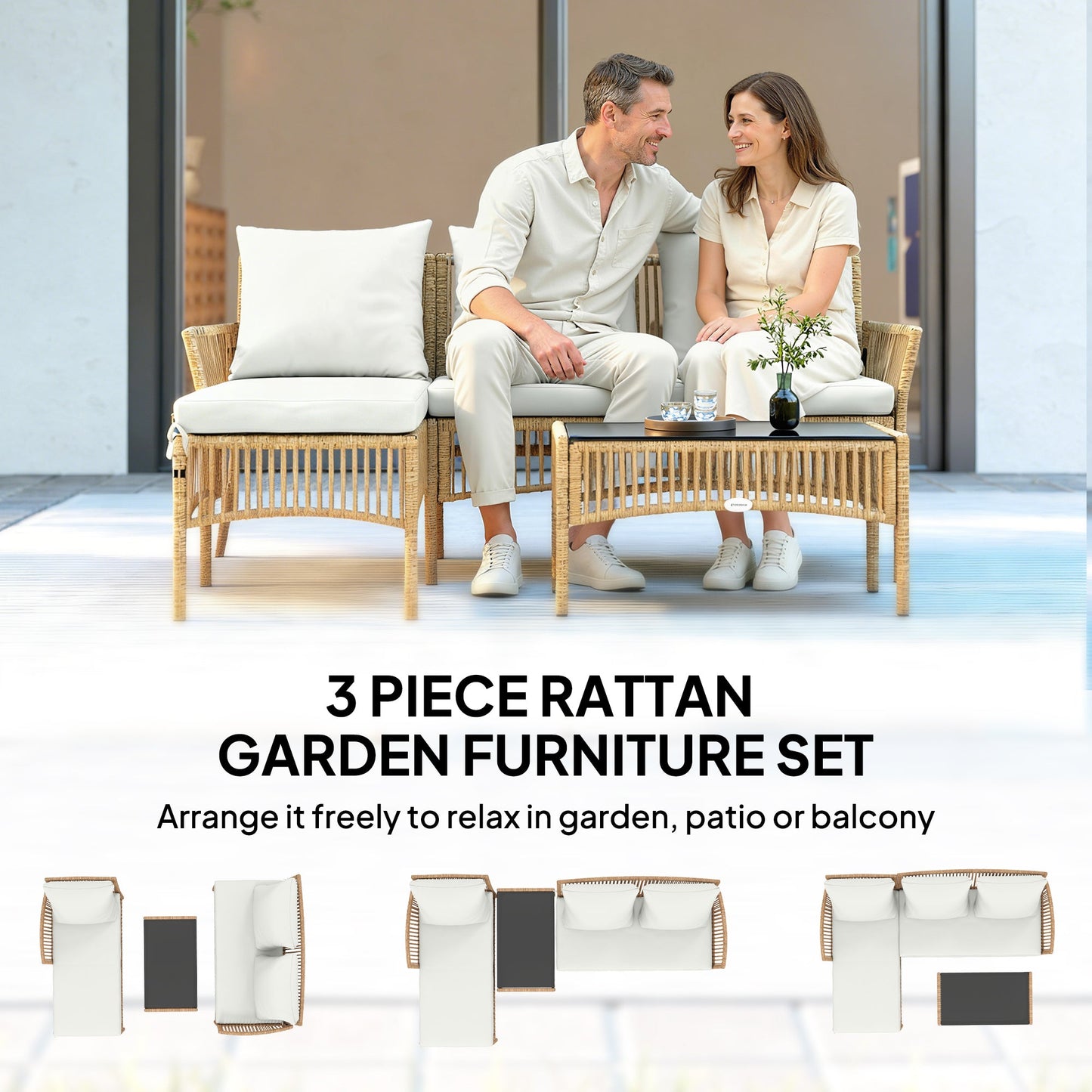 Outsunny 3 Piece Rattan Garden Furniture Corner Sofa Set with Chaise Lounge, Loveseat, Glass Coffee Table, Cushions, Natural Wood