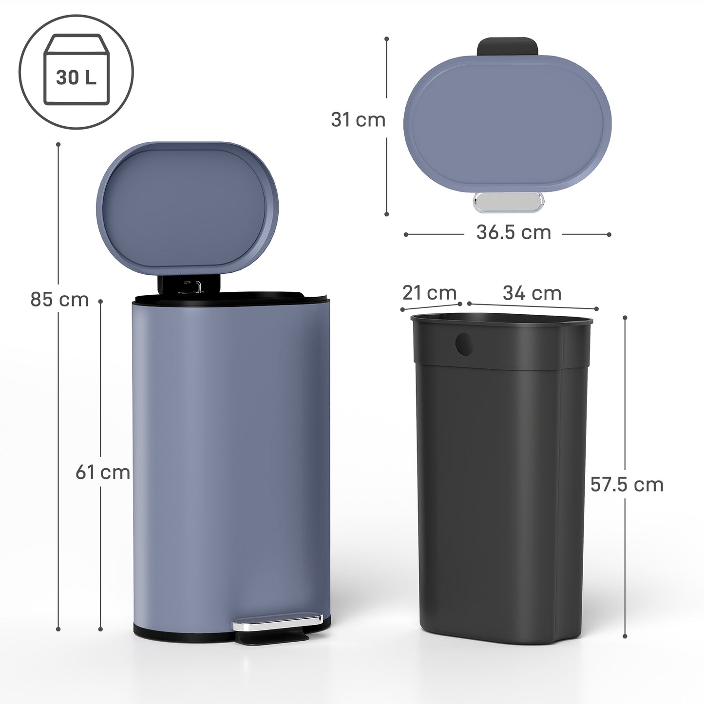 HOMCOM 30 L Modern Curved Kitchen Bin - Grey