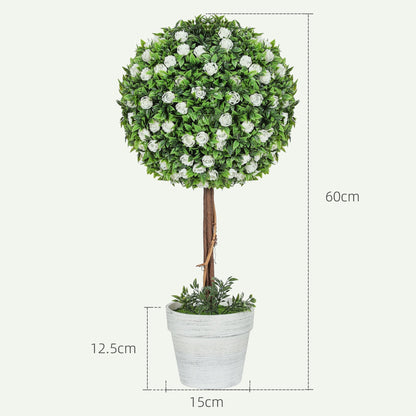 HOMCOM Set of 2 Decorative Artificial Plants, Ball Topiary Tree with Rose Flower in Pot, Fake Plants for Home Indoor Outdoor Decor, 60cm, White