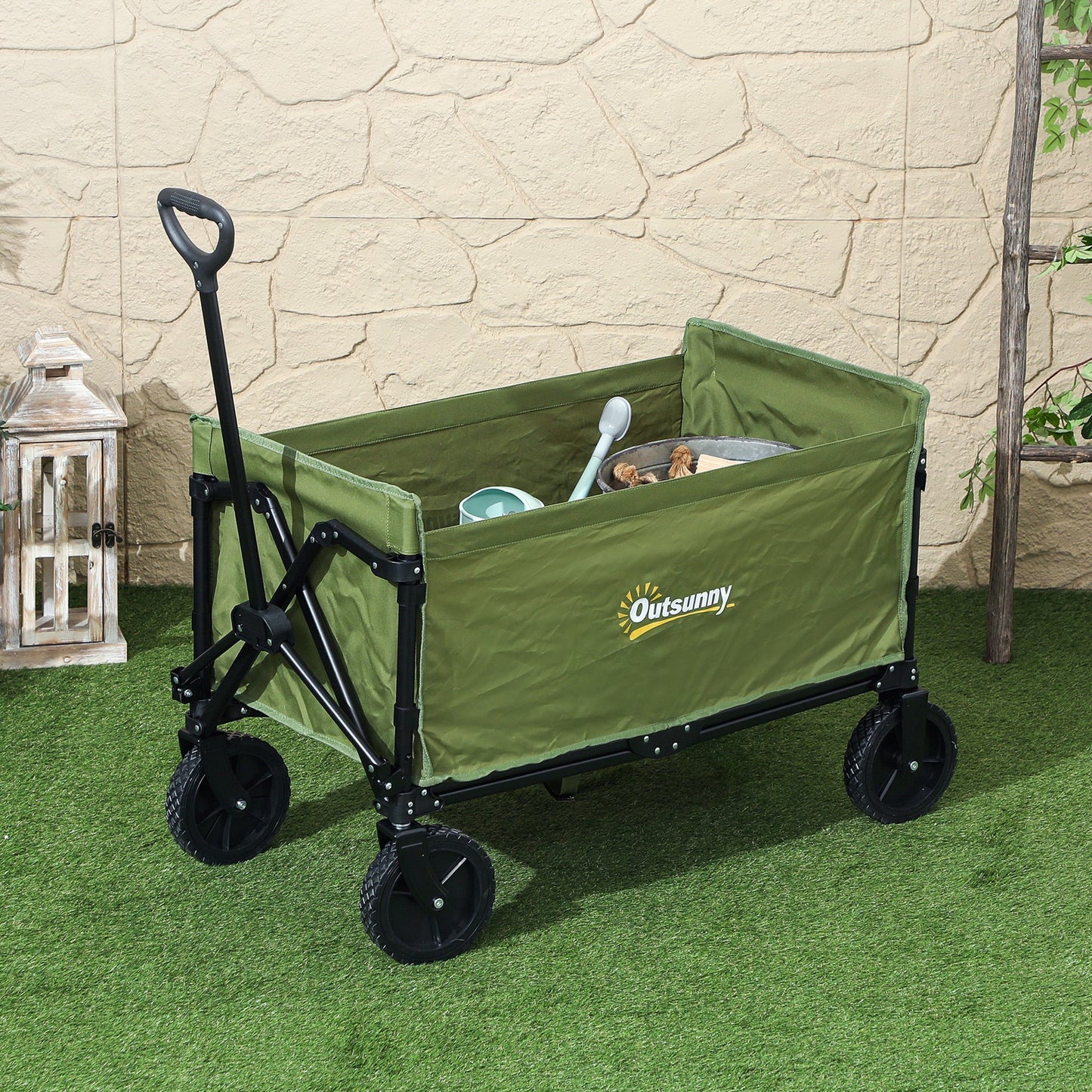 Outsunny 120L Festival Trolley on Wheels, Folding & Compact Camping Trolley Cart with Adjustable Handle for Garden, Beach, Fishing, Green