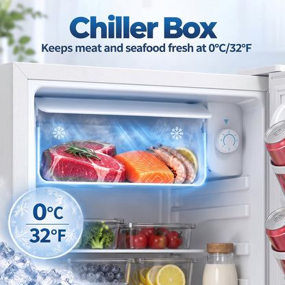 HOMCOM 73 L Mini Fridge with Chiller Box, Single Door Compact Refrigerator, Adjustable Thermostat, Reversible Door, White