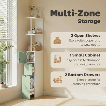 HOMCOM Slim Bathroom Storage Cabinet, Tall Bathroom Floor Cabinet with 2-Tier Shelf and 2 Drawers, White and Light Green