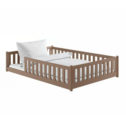 Wooden crib with white bedding on a white background