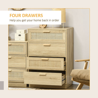 HOMCOM Chest of Four Rattan Weave Panel Drawers - Wood-Effect