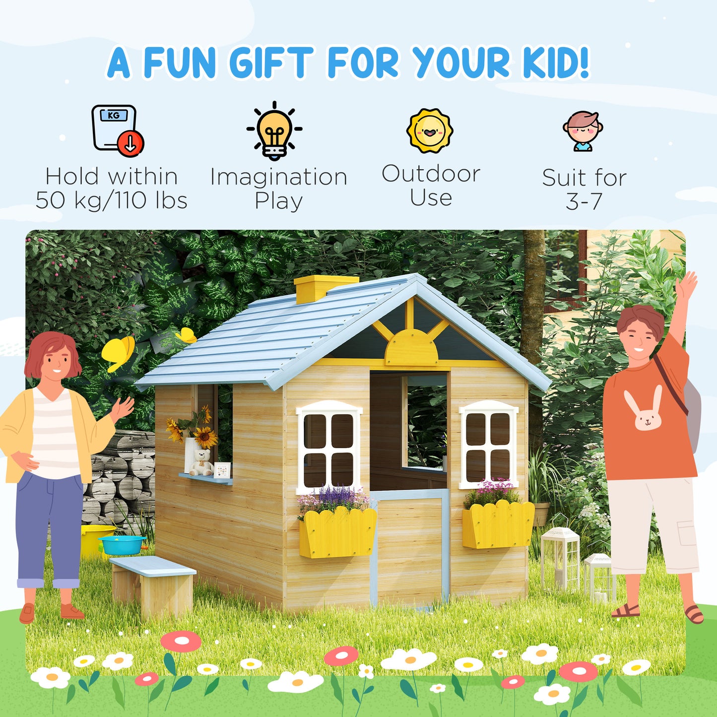 Outsunny Wooden Playhouse, Wendy House w/ Door, Bench, Flowerpot Holder, For Ages 3-7 Years, Blue