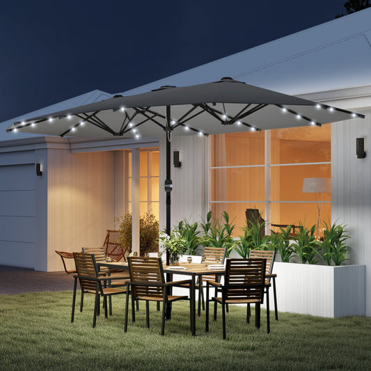Outsunny 4.4m Double-Sided Sun Umbrella Patio Parasol LED Solar Lights Dark Grey