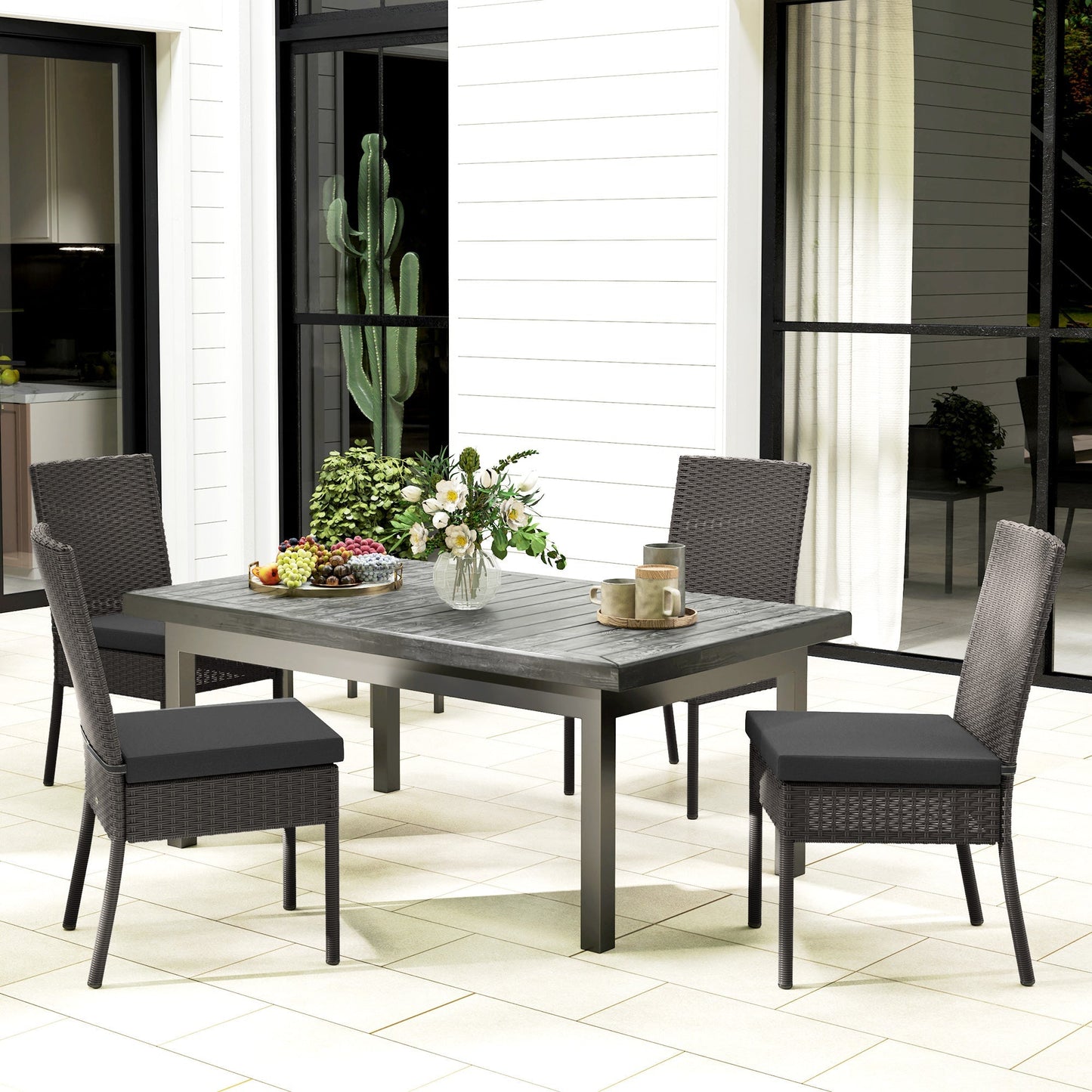 Outsunny Set of Four Armless Rattan Garden Chairs - Dark Grey
