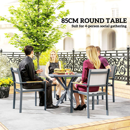 Outsunny Garden Table, 85cm Round Outdoor Dining Table with Steel Frame, Wood Effect Top, for Balcony, Deck, Dark Grey