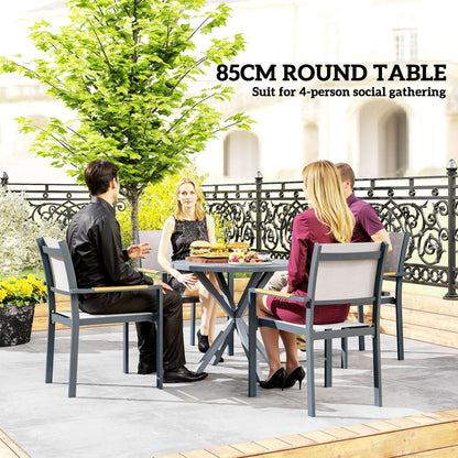 Outsunny Garden Table, 85cm Round Outdoor Dining Table with Steel Frame, Wood Effect Top, for Balcony, Deck, Dark Grey