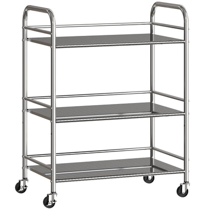 HOMCOM 3 Tier Stainless Steel Kitchen Storage Trolley with Adjustable Shelf - Silver