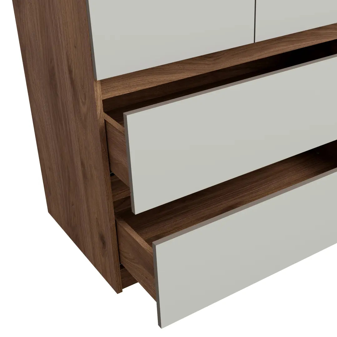 Wooden furniture with open drawer on a white background