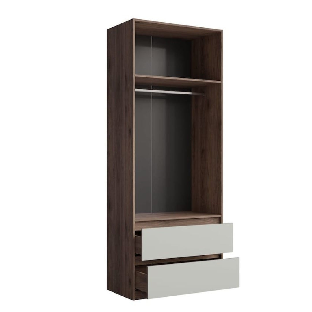 Wooden wardrobe with a white drawer on a white background